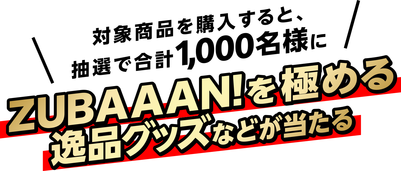 対象商品を購入すると、抽選で合計1,000名様にZUBAAAN!を極める逸品グッズなどが当たる